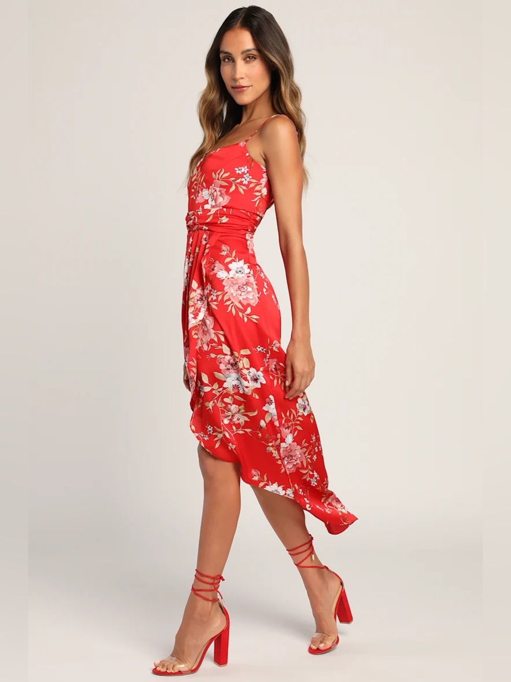 Lulus My Favorite Day Red Floral Print Tulip Skirt Midi Dress